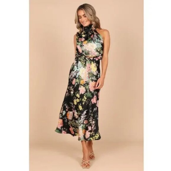 NWT Anabelle Funnel Neck Satin Midi Dress Black Floral Size XS - Picture 1 of 9